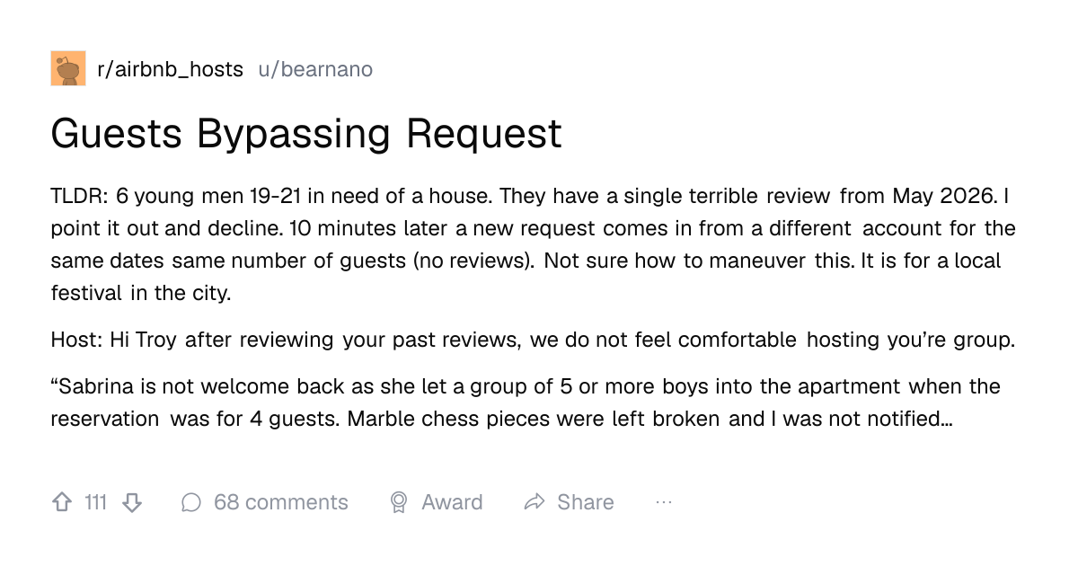 Screenshot of a post in r/airbnb_hosts titled "Guests Bypassing Request" with 111 upvotes