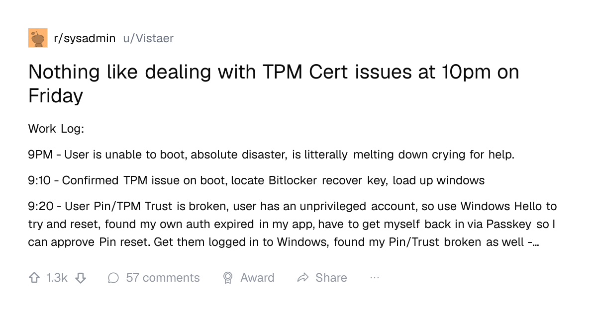 Screenshot of a post in r/sysadmin titled "Nothing like dealing with TPM Cert issues at 10pm on Friday" with 1.3k upvotes