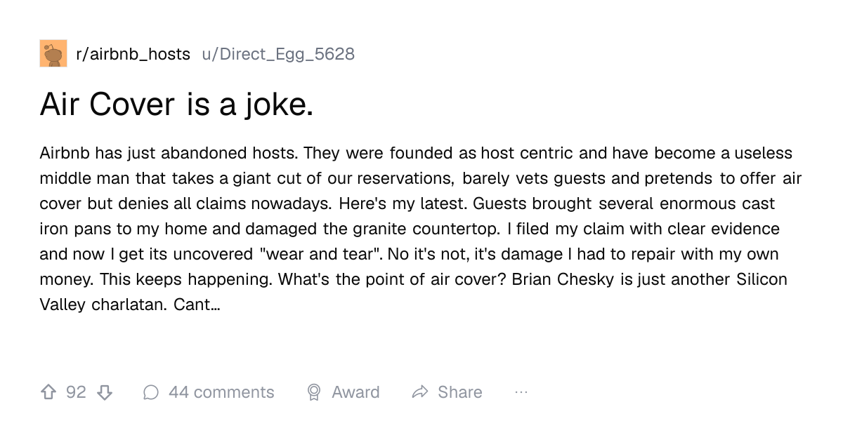 Screenshot of a post in r/airbnb_hosts titled "Air Cover is a joke." with 92 upvotes