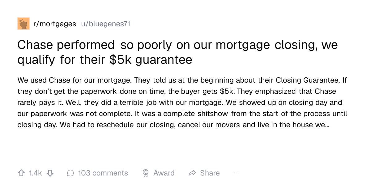 Screenshot of a post in r/mortgages titled "Chase performed so poorly on our mortgage closing, we qualify for their $5k guarantee" with 1.4k upvotes