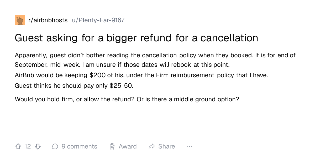 Screenshot of a post in r/airbnbhosts titled "Guest asking for a bigger refund for a cancellation" with 12 upvotes