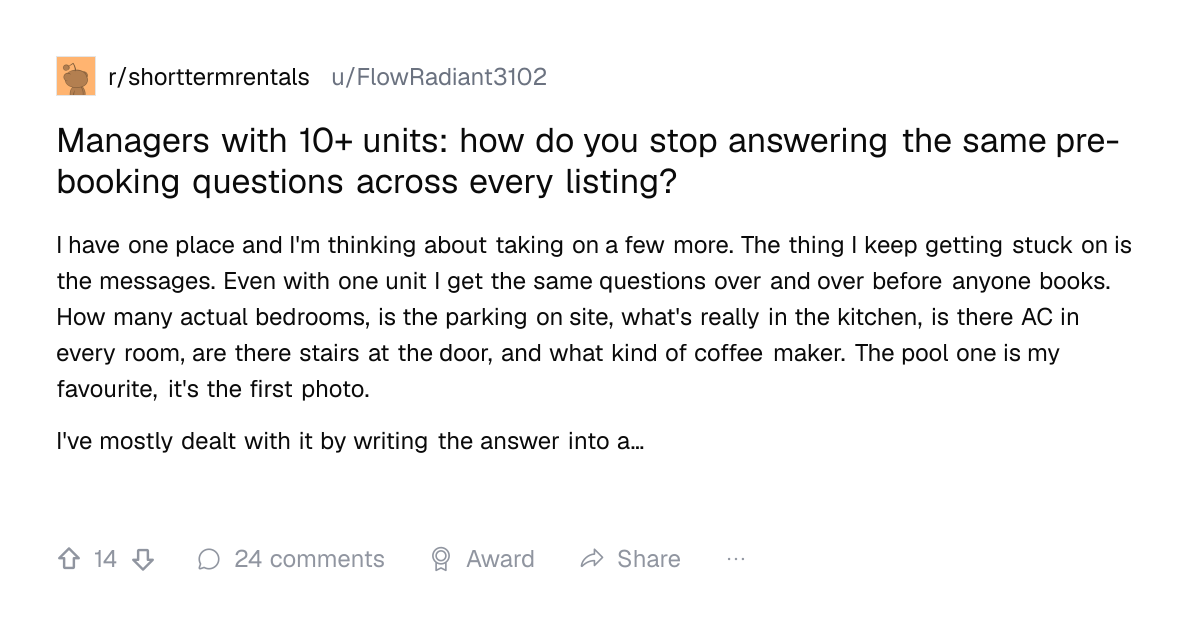 Screenshot of a post in r/shorttermrentals titled "Managers with 10+ units: how do you stop answering the same pre-booking questions across every listing?" with 14 upvotes