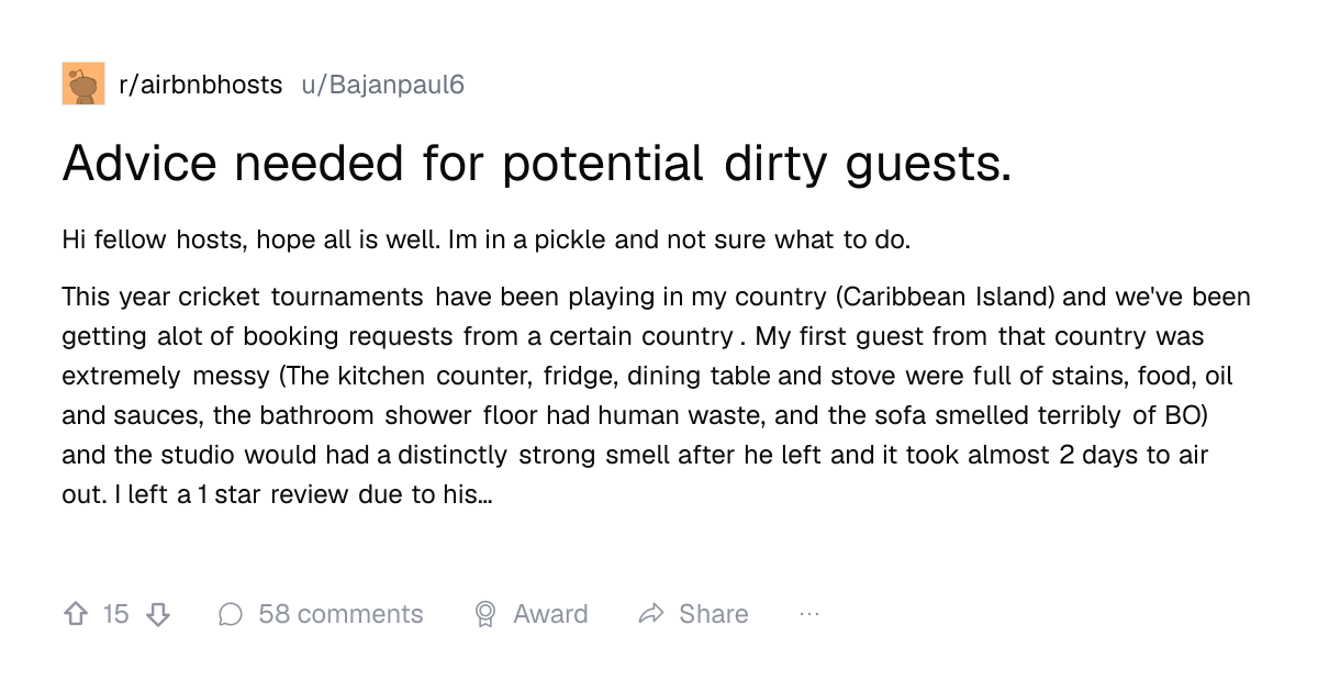 Screenshot of a post in r/airbnbhosts titled "Advice needed for potential dirty guests." with 15 upvotes