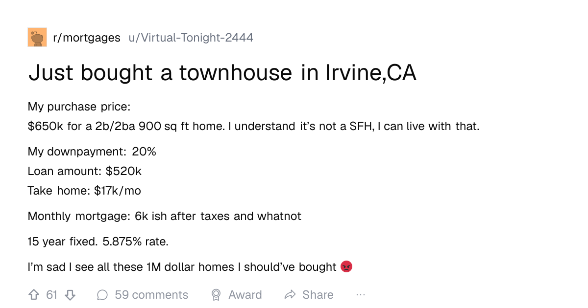 Screenshot of a post in r/mortgages titled "Just bought a townhouse in Irvine,CA" with 61 upvotes