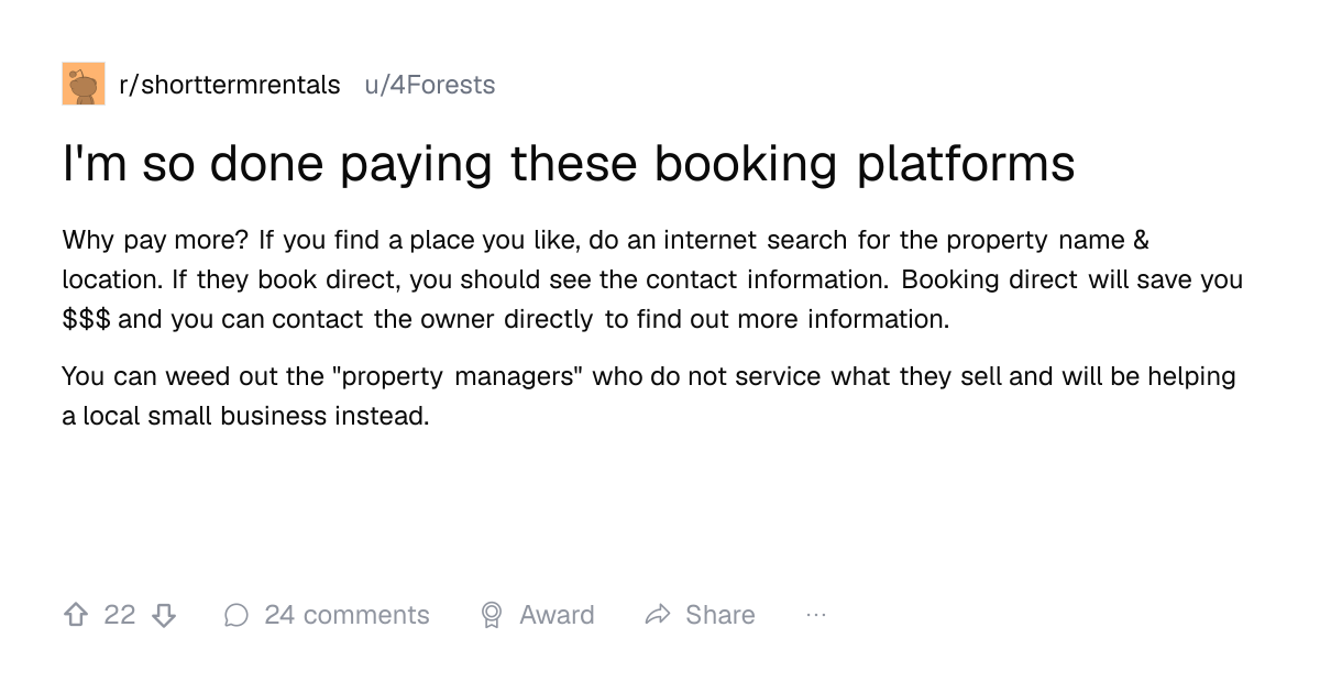 Screenshot of a post in r/shorttermrentals titled "I'm so done paying these booking platforms" with 22 upvotes