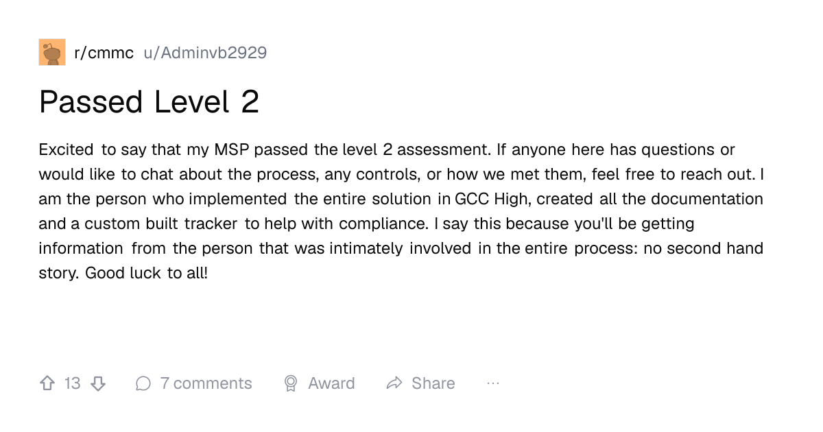 Screenshot of a post in r/cmmc titled "Passed Level 2" with 13 upvotes