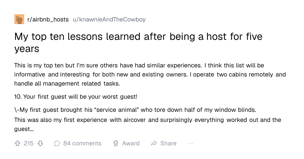 Screenshot of a post in r/airbnb_hosts titled "My top ten lessons learned after being a host for five years" with 215 upvotes