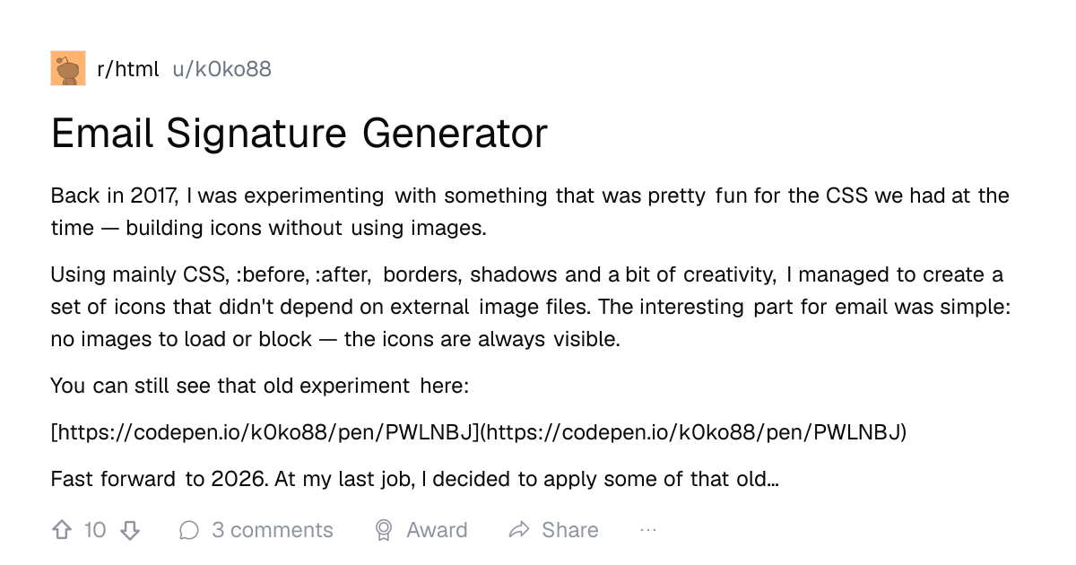 Screenshot of a post in r/html titled "Email Signature Generator" with 10 upvotes