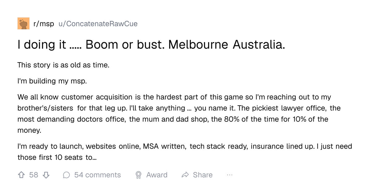 Screenshot of a post in r/msp titled "I doing it ..... Boom or bust. Melbourne Australia." with 58 upvotes
