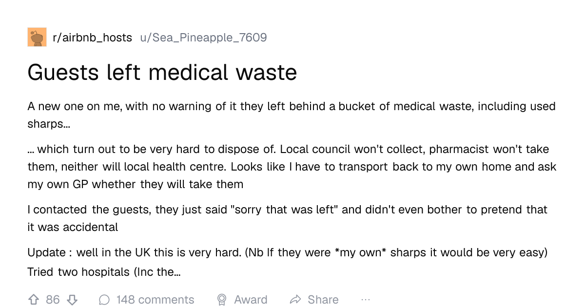 Screenshot of a post in r/airbnb_hosts titled "Guests left medical waste" with 86 upvotes