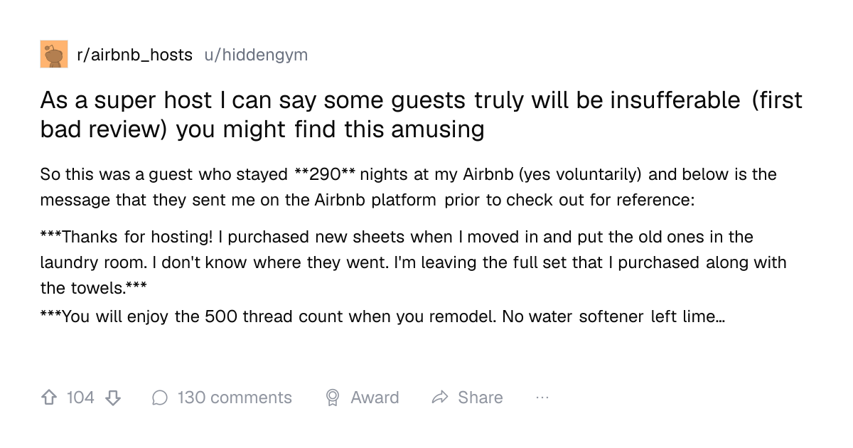 Screenshot of a post in r/airbnb_hosts titled "As a super host I can say some guests truly will be insufferable (first bad review) you might find this amusing" with 104 upvotes