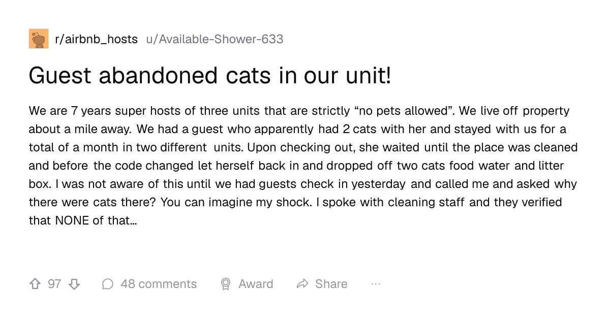 Screenshot of a post in r/airbnb_hosts titled "Guest abandoned cats in our unit!" with 97 upvotes