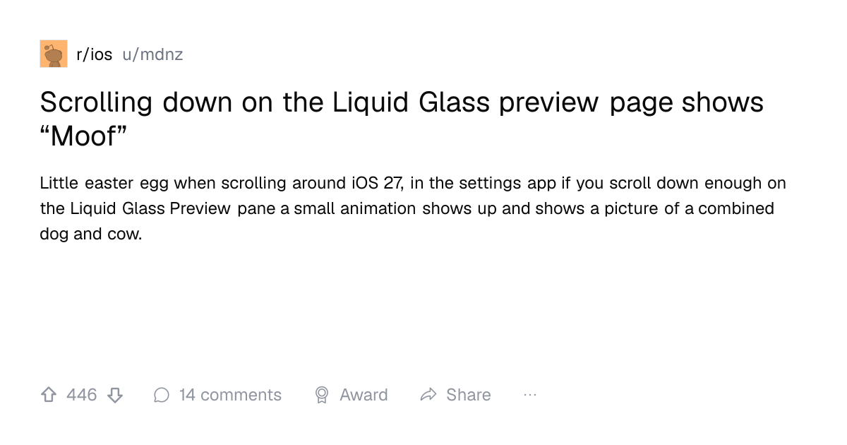 Screenshot of a post in r/ios titled "Scrolling down on the Liquid Glass preview page shows “Moof”" with 446 upvotes