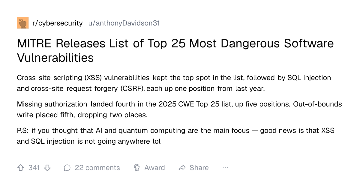 Screenshot of a post in r/cybersecurity titled "MITRE Releases List of Top 25 Most Dangerous Software Vulnerabilities" with 341 upvotes