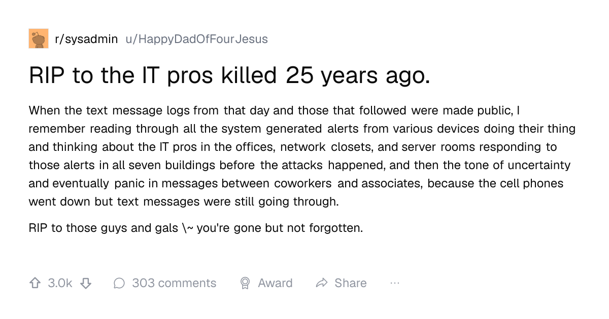 Screenshot of a post in r/sysadmin titled "RIP to the IT pros killed 25 years ago." with 3.0k upvotes