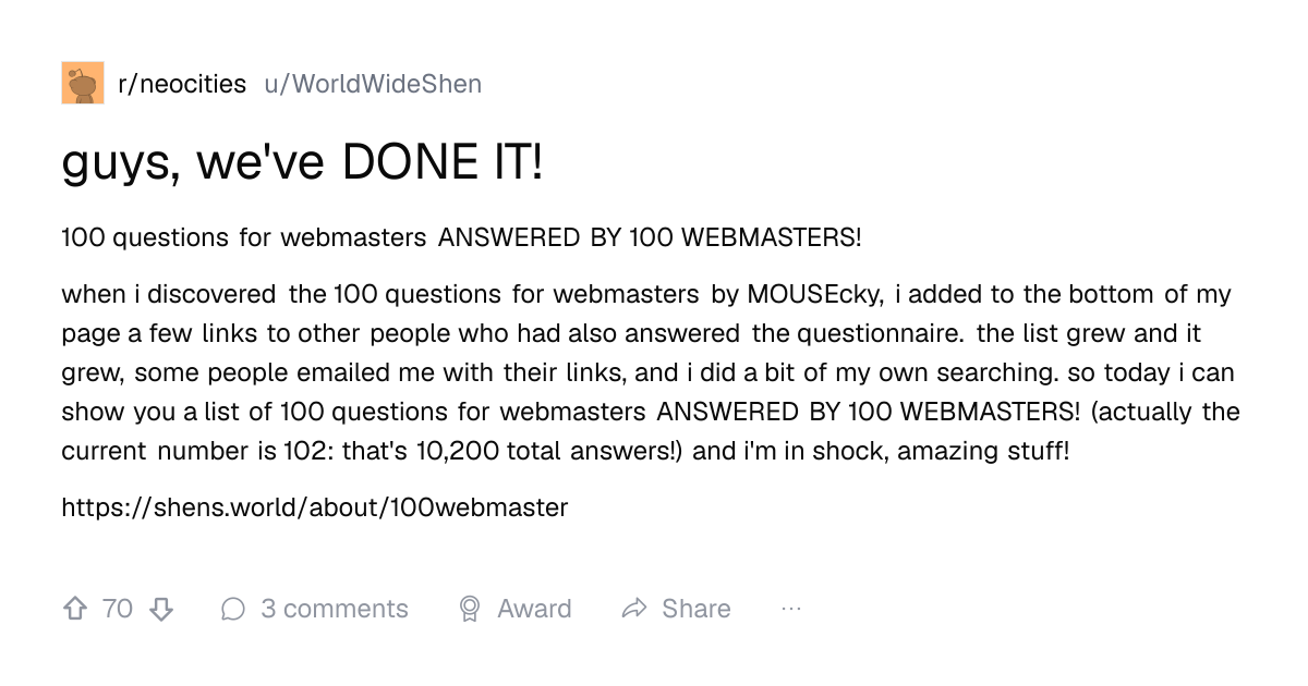 Screenshot of a post in r/neocities titled "guys, we've DONE IT!" with 70 upvotes