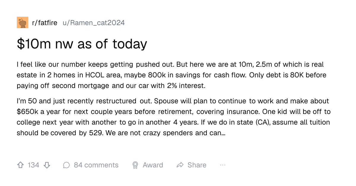 Screenshot of a post in r/fatfire titled "$10m nw as of today" with 134 upvotes