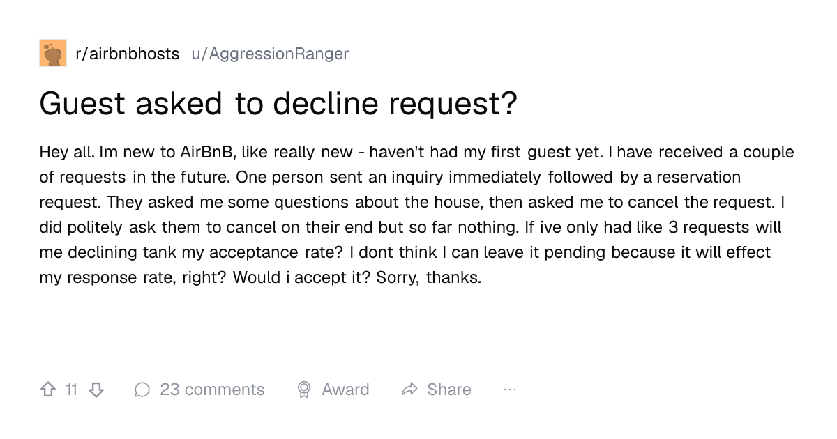 Screenshot of a post in r/airbnbhosts titled "Guest asked to decline request?" with 11 upvotes