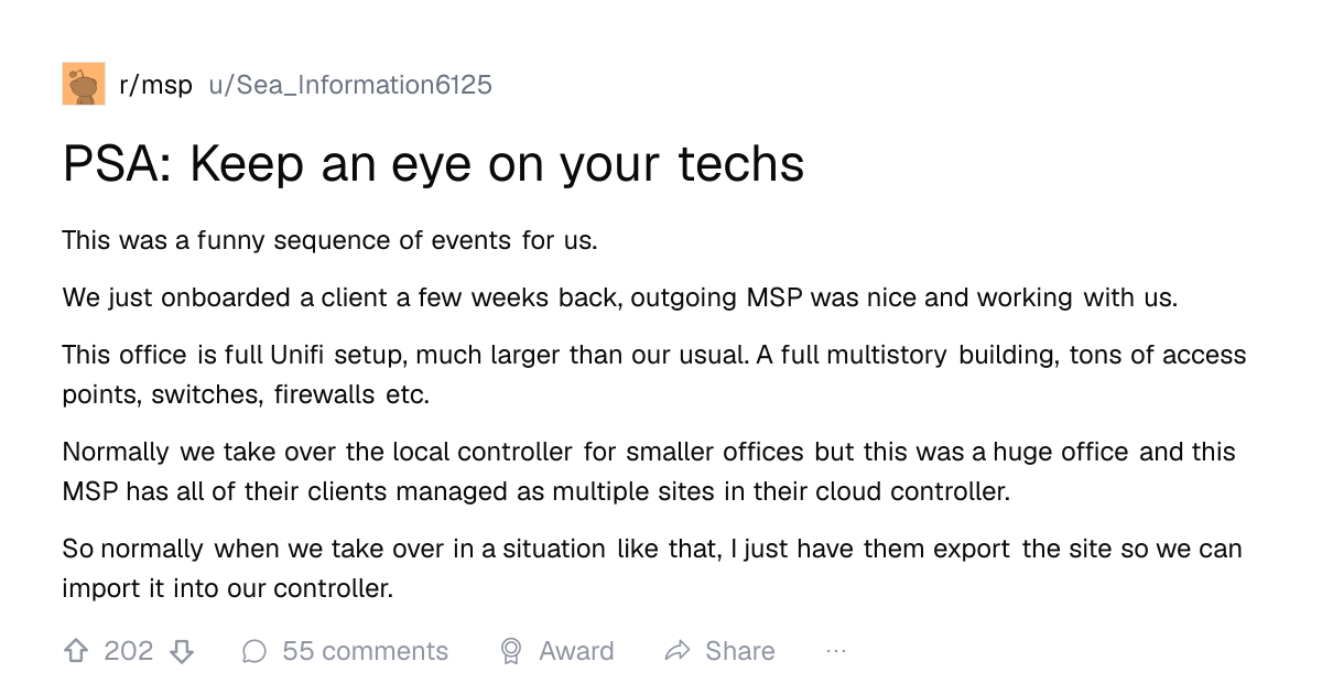 Screenshot of a post in r/msp titled "PSA: Keep an eye on your techs" with 181 upvotes